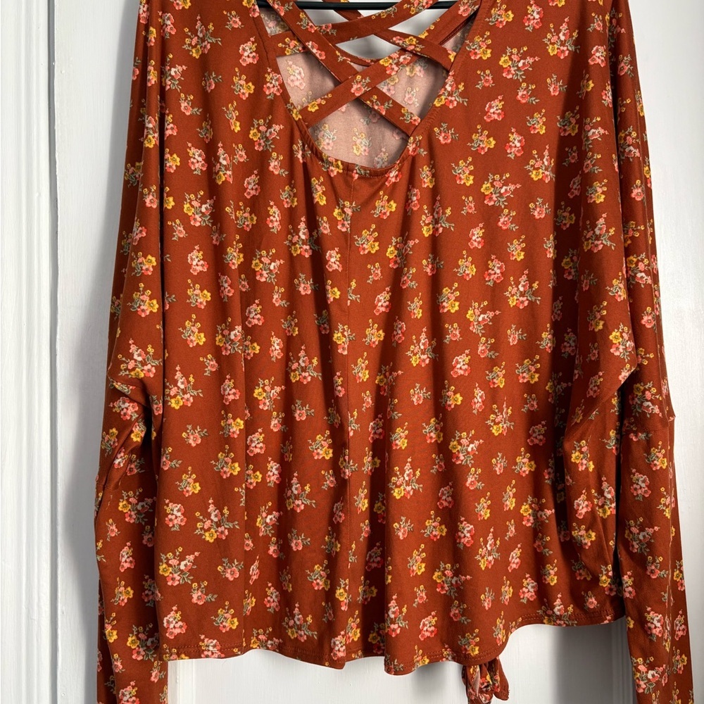 NWT Jr. Iz Byer Rust Floral Front Tie Criss Cross Back Pullover, Sz: XL - Picture 3 of 8